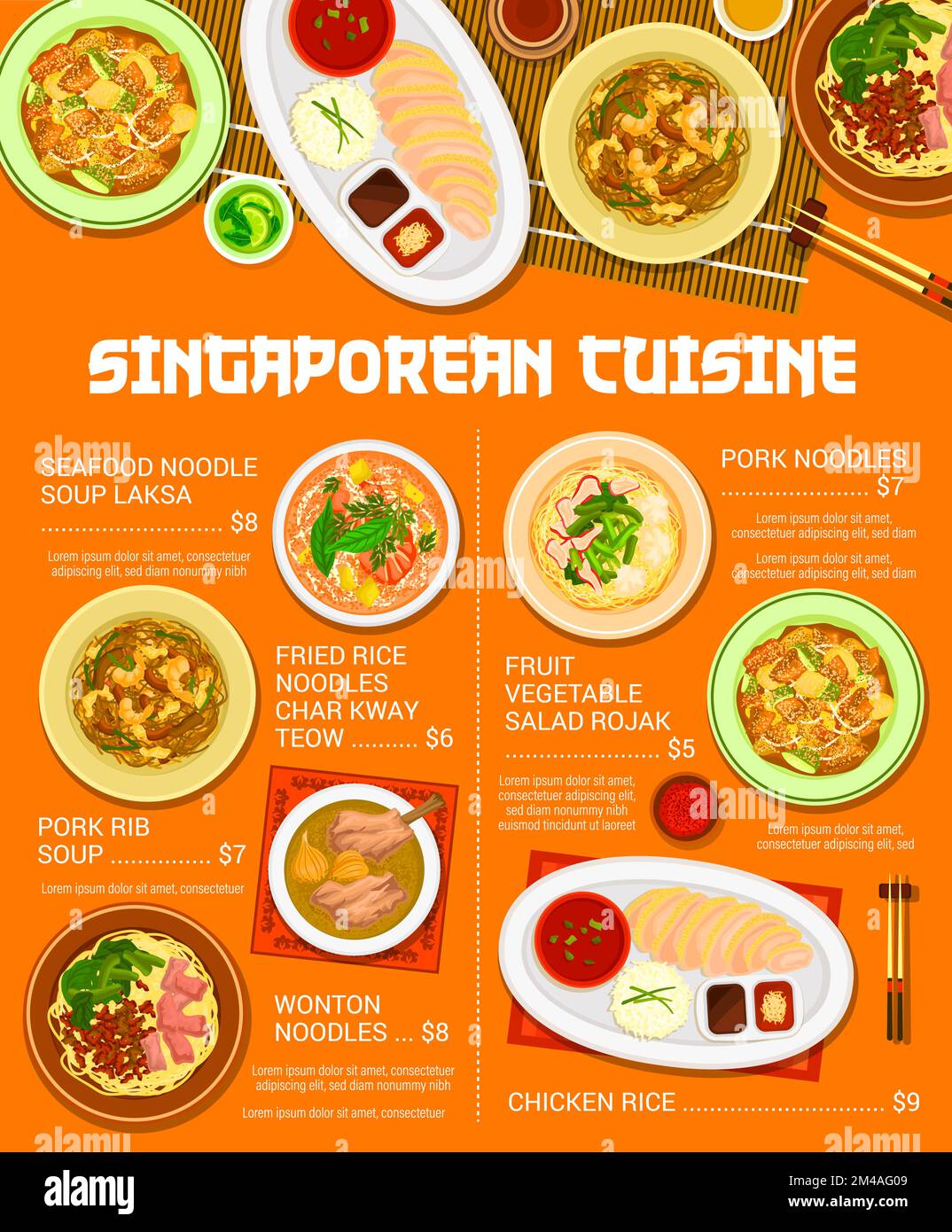 Menu de cuisine singapourienne, cuisine asiatique de Singapour, riz vectoriel, poulet et soupe plat de nouilles. Cuisine singapourienne wontons traditionnels ou boulettes authentiques avec laksa de fruits de mer, légumes et viande de porc Illustration de Vecteur