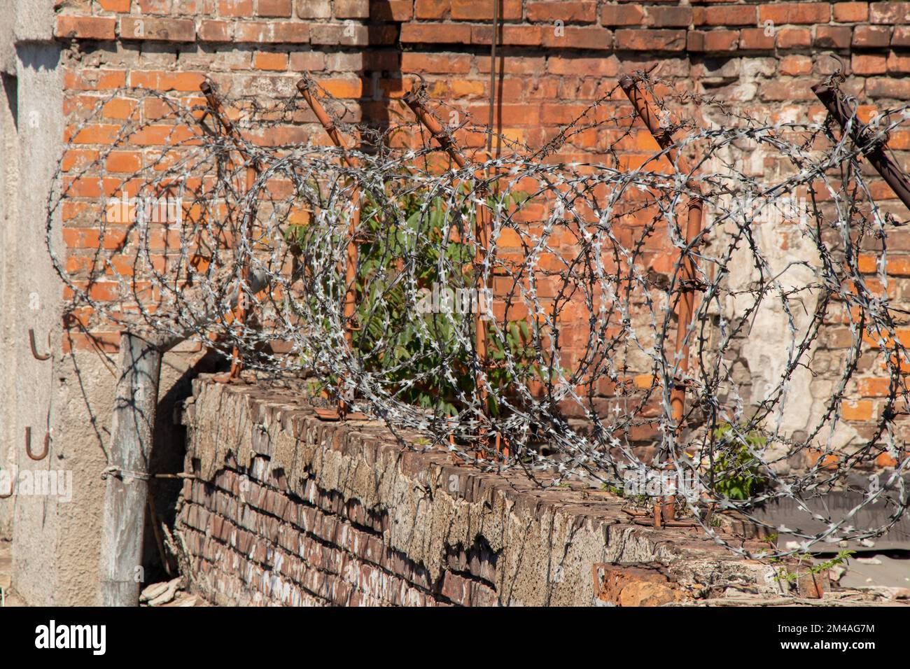 fil barbelé sur une vieille clôture en brique Banque D'Images