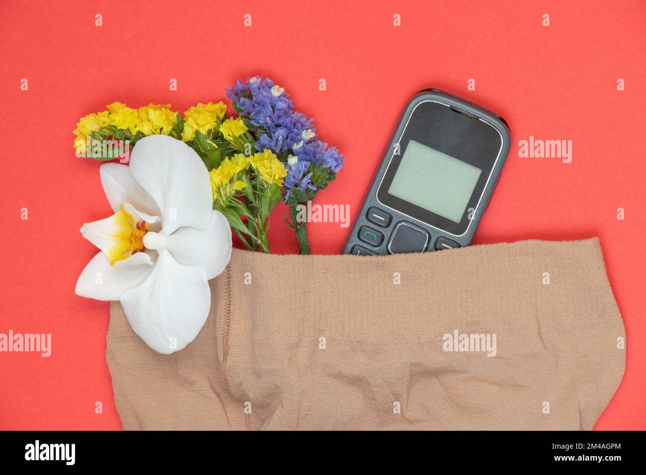 un téléphone à bouton-poussoir et des fleurs en fleurs nichées dans des collants sur un arrière-plan isolé Banque D'Images