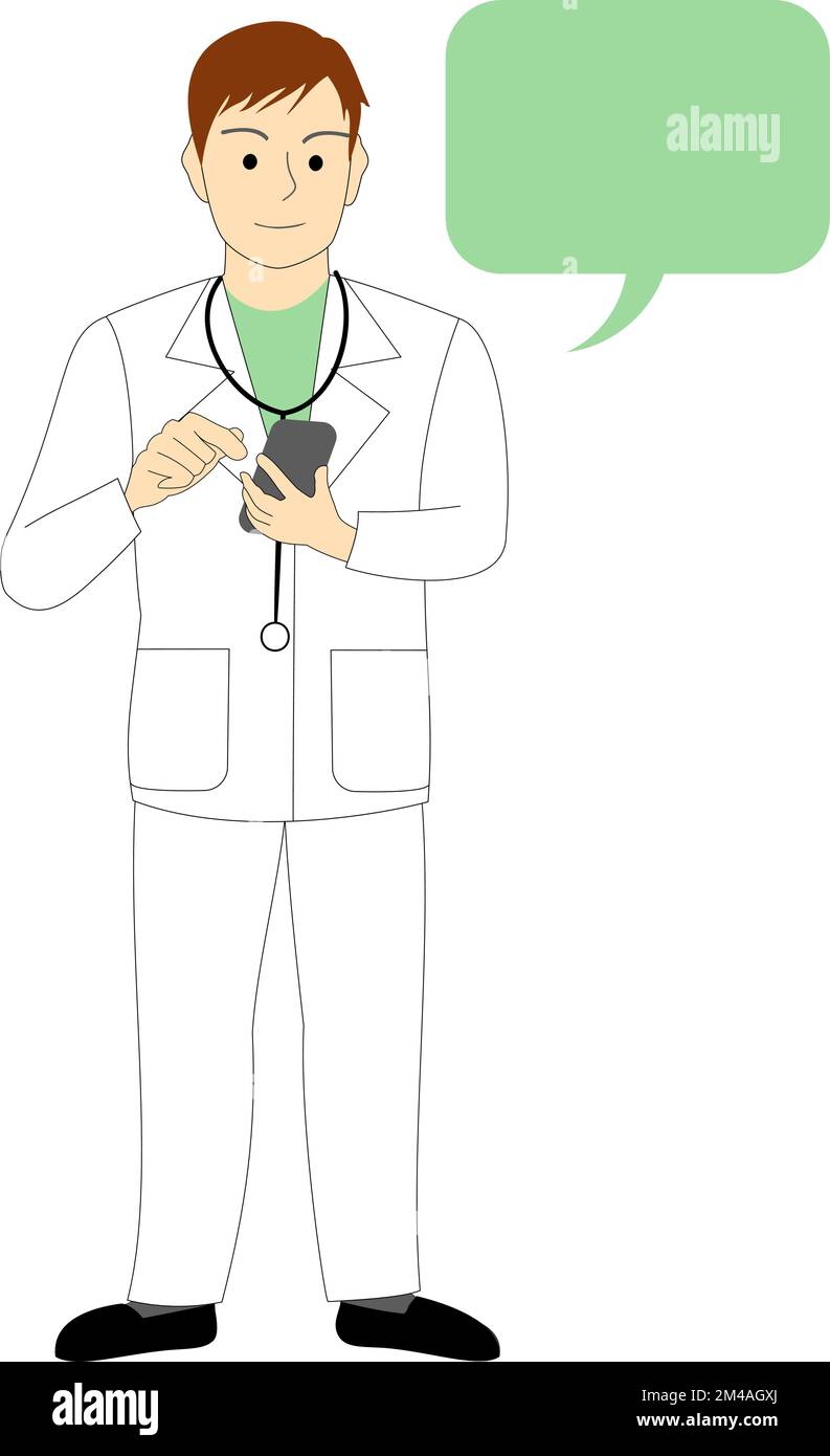 Un médecin, un chirurgien, un dentiste, un vétérinaire, un fond blanc avec un téléphone portable Banque D'Images