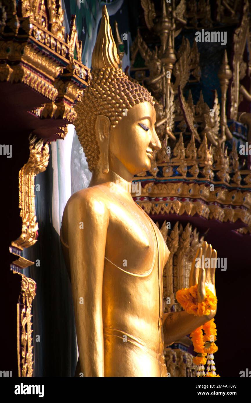Bouddha debout devant l'église à Wat Hat Siao, ce temple où le Buat Chang Hat Siao ordination sur le dos des éléphants à Sukhothai, Thaïlande. Banque D'Images