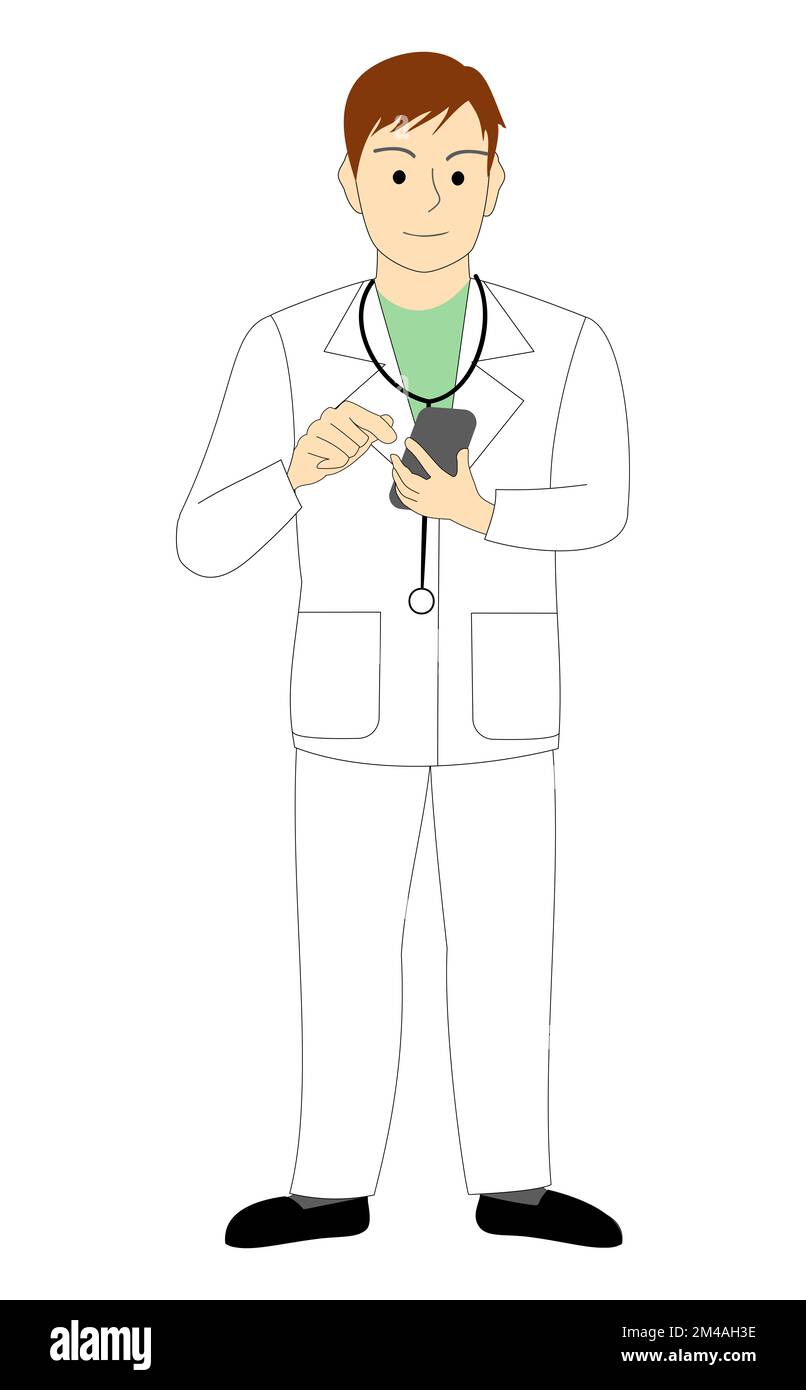 Un médecin, un chirurgien, un dentiste, un vétérinaire, un fond blanc avec un téléphone portable Banque D'Images