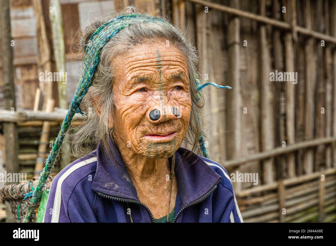 Portrait d'une femme d'Apatani avec tatouages et disques traditionnels de bambou dans ses narines Banque D'Images