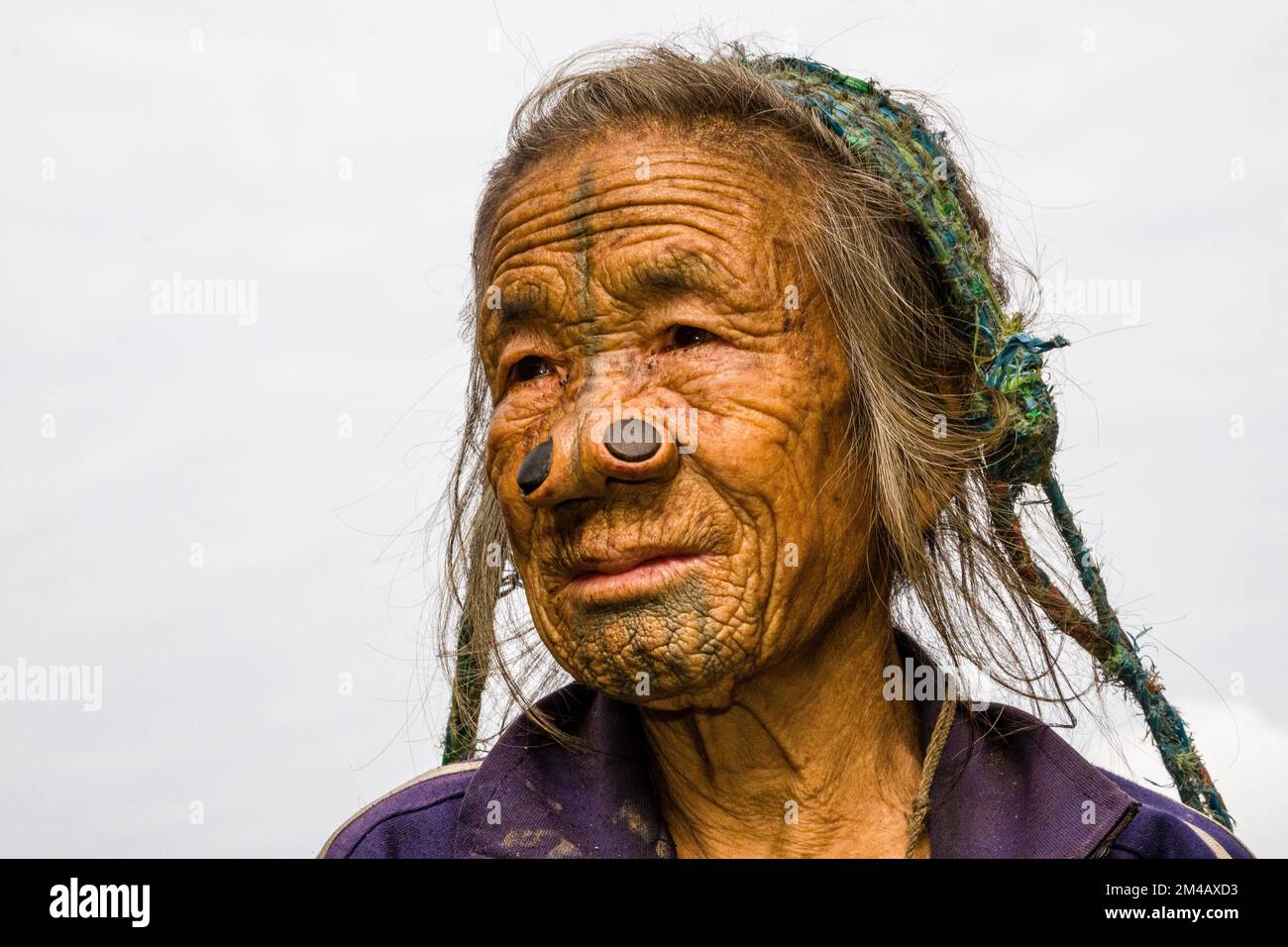 Portrait d'une femme d'Apatani avec tatouages et disques traditionnels de bambou dans ses narines Banque D'Images