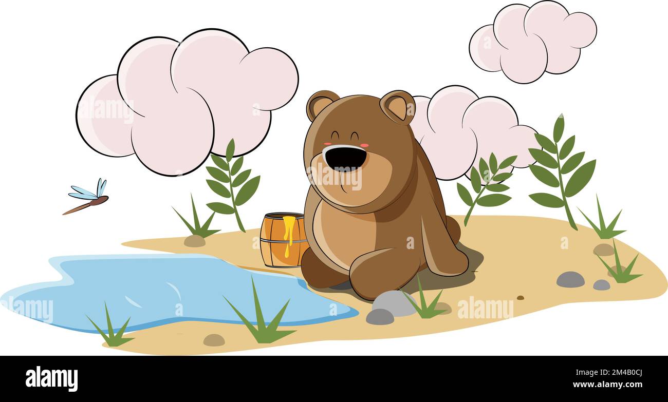 Un adorable ours est assis près du lac et mange du miel de son canon Illustration de Vecteur