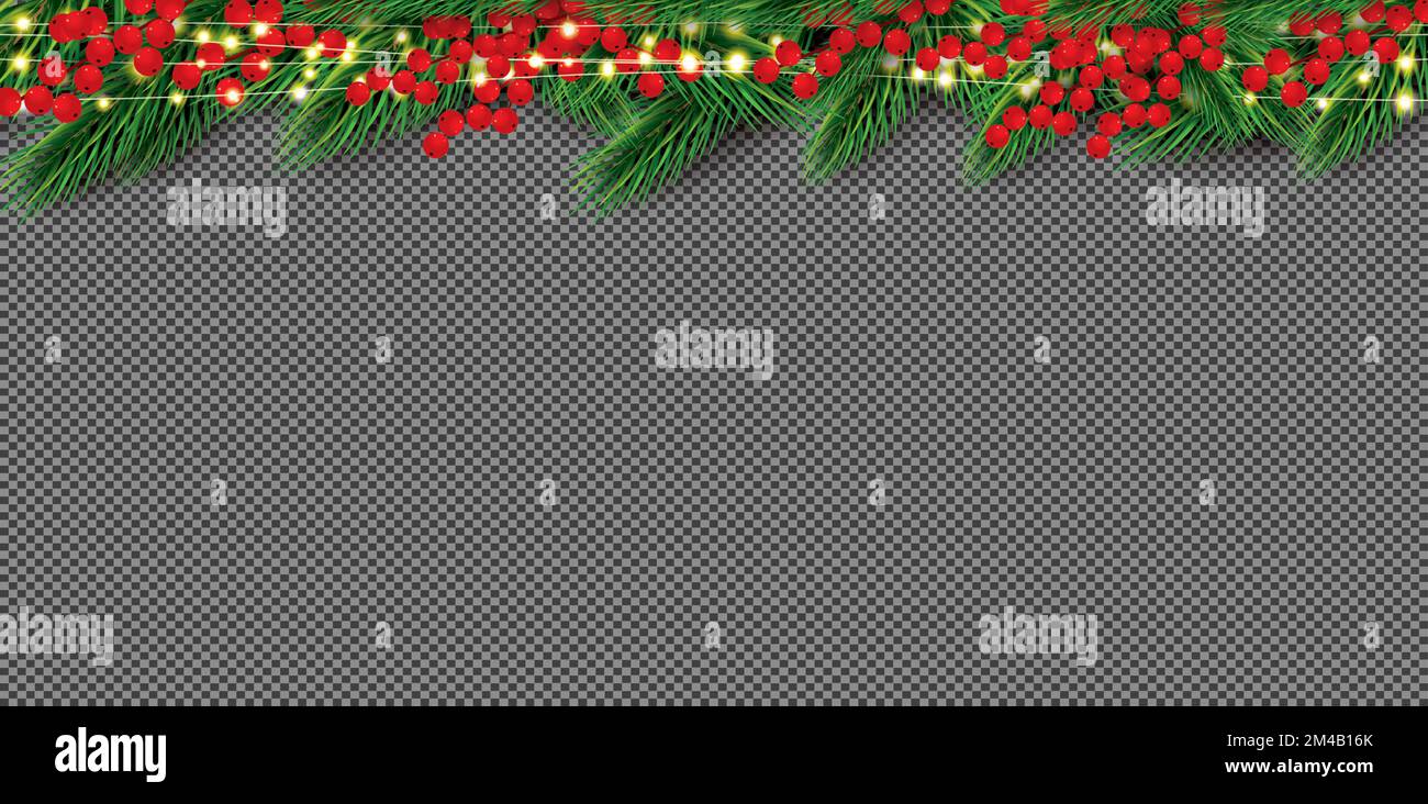 Bordure de Noël avec branches de sapin et baies de houx rouges. Guirlande fluo avec lumières jaunes. Illustration vectorielle. Joyeux Noël et Bonne Année. Illustration de Vecteur