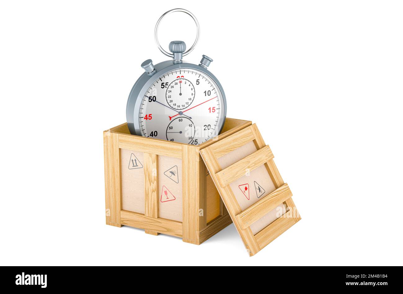 Concept de livraison rapide, chronomètre à l'intérieur d'une boîte en bois, rendu 3D isolé sur fond blanc Banque D'Images