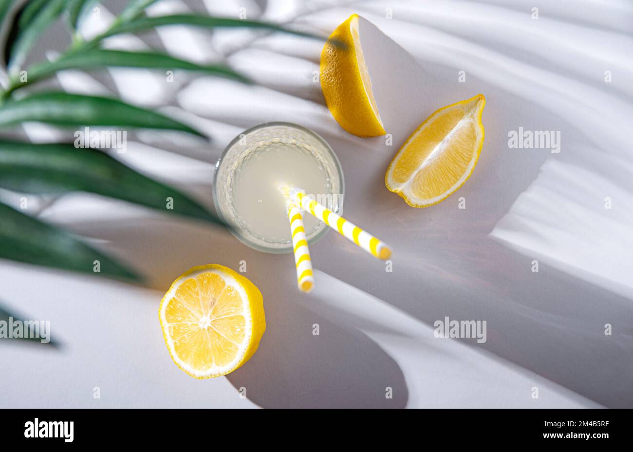 verre frais et froid de limonade avec brunch au citron et au palmier sur une table lumineuse avec ombres dures du matin. Vue de dessus et espace de copie Banque D'Images