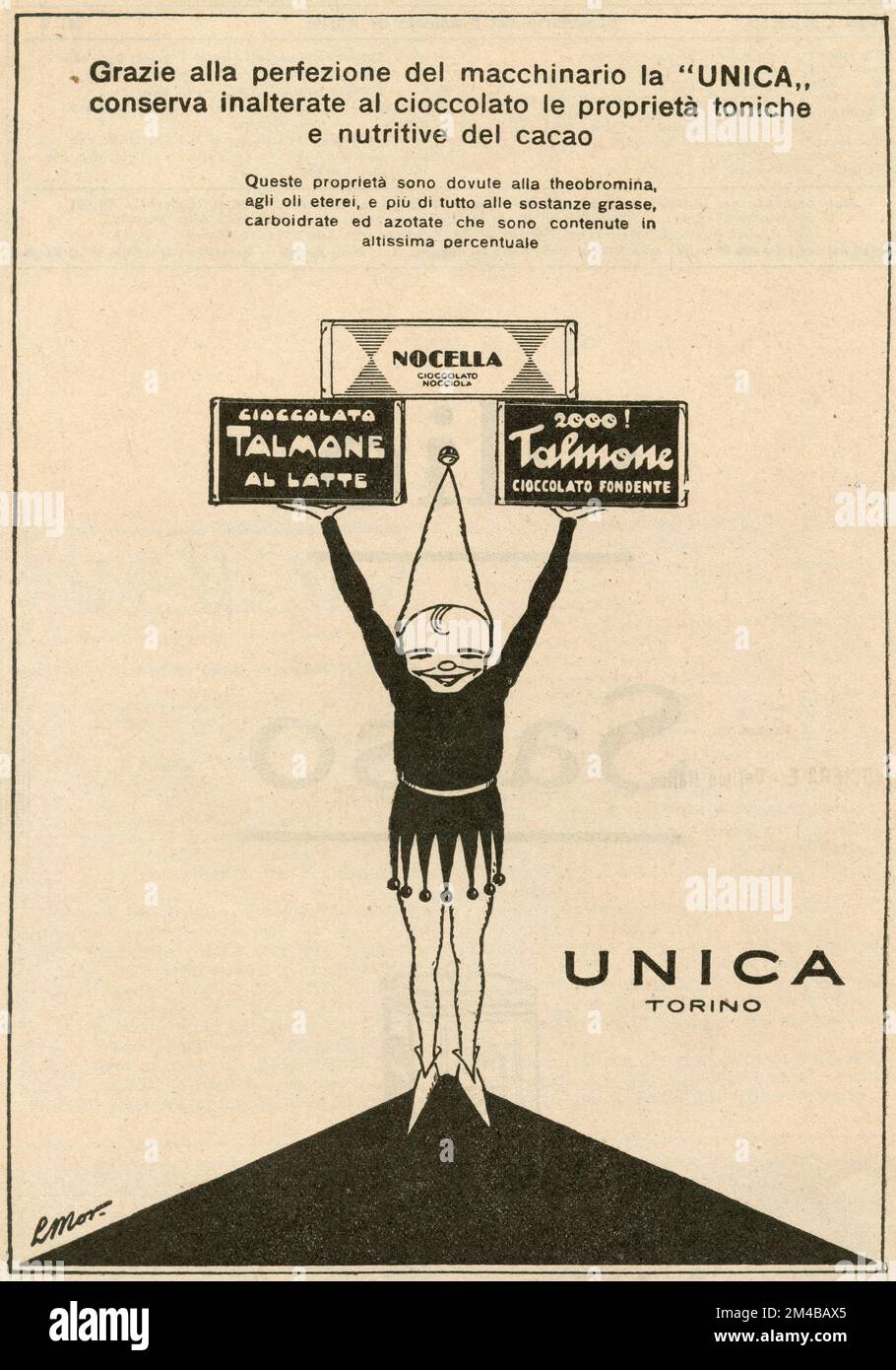 Publicité de journaux vintage de chocolat UNICA, Italie 1920s Banque D'Images