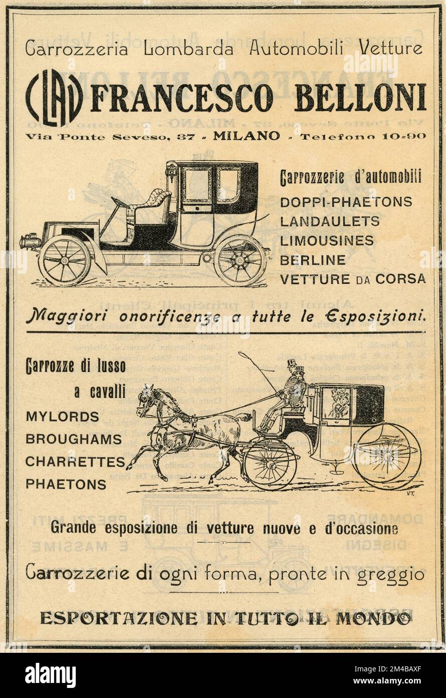 Publicité de journal vintage de Carrozzeria Lombarda Automobili Vetture Francesco Belloni, Italie 1910s Banque D'Images