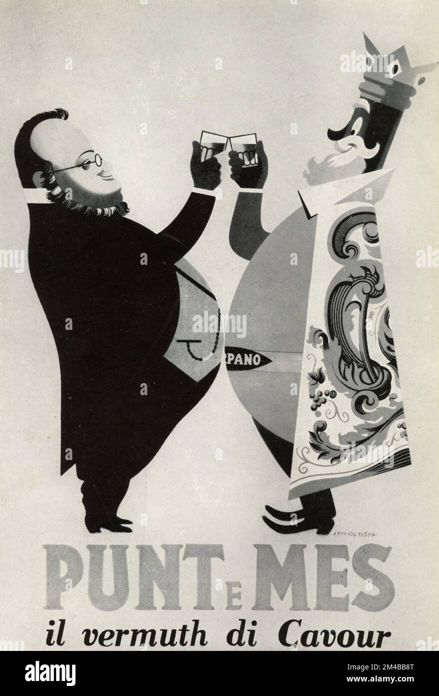 Publicité de journal vintage de Punt e Mes vermuth de la liqueur de Cavour, par Studio Testa design, Italie 1910s Banque D'Images