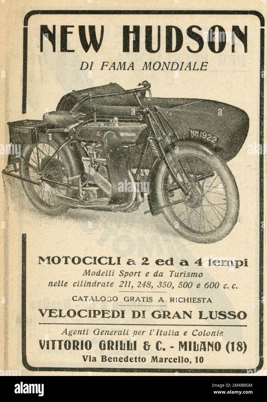 Publicité de journal vintage de New Hudson Motorcycle, Italie 1920s Banque D'Images