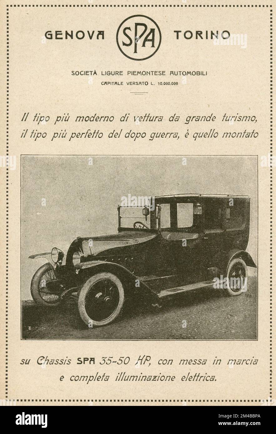 Publicité de journal vintage de voiture SPA, Italie 1930s Banque D'Images