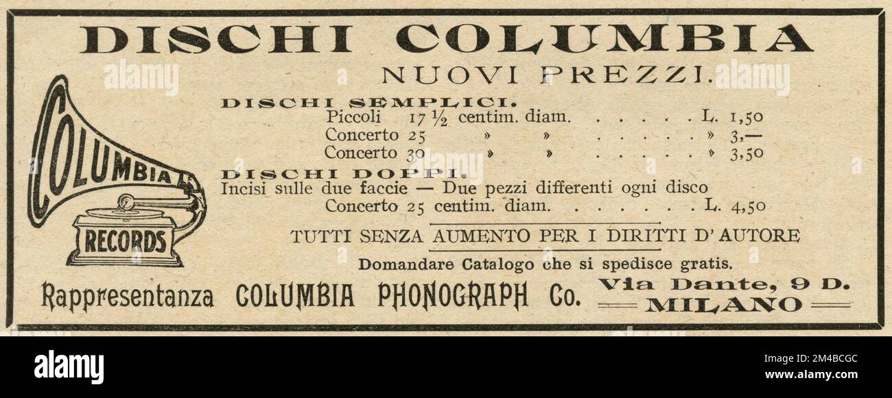 Publicité de journal vintage de Columbia Records, Italie 1910s Banque D'Images