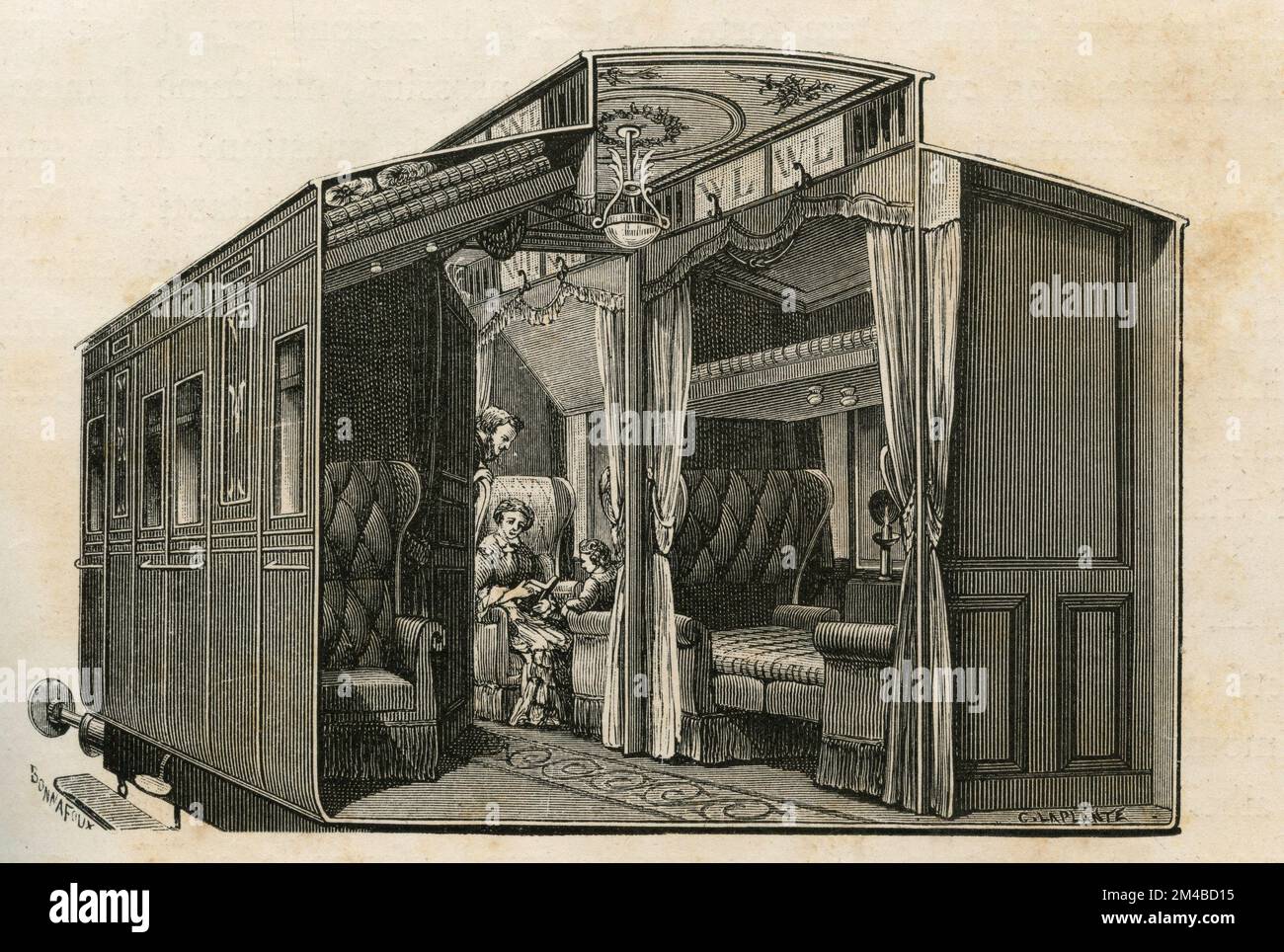 Voiture Pullman d'un transport ferroviaire, Etats-Unis, illustration 1871 Banque D'Images