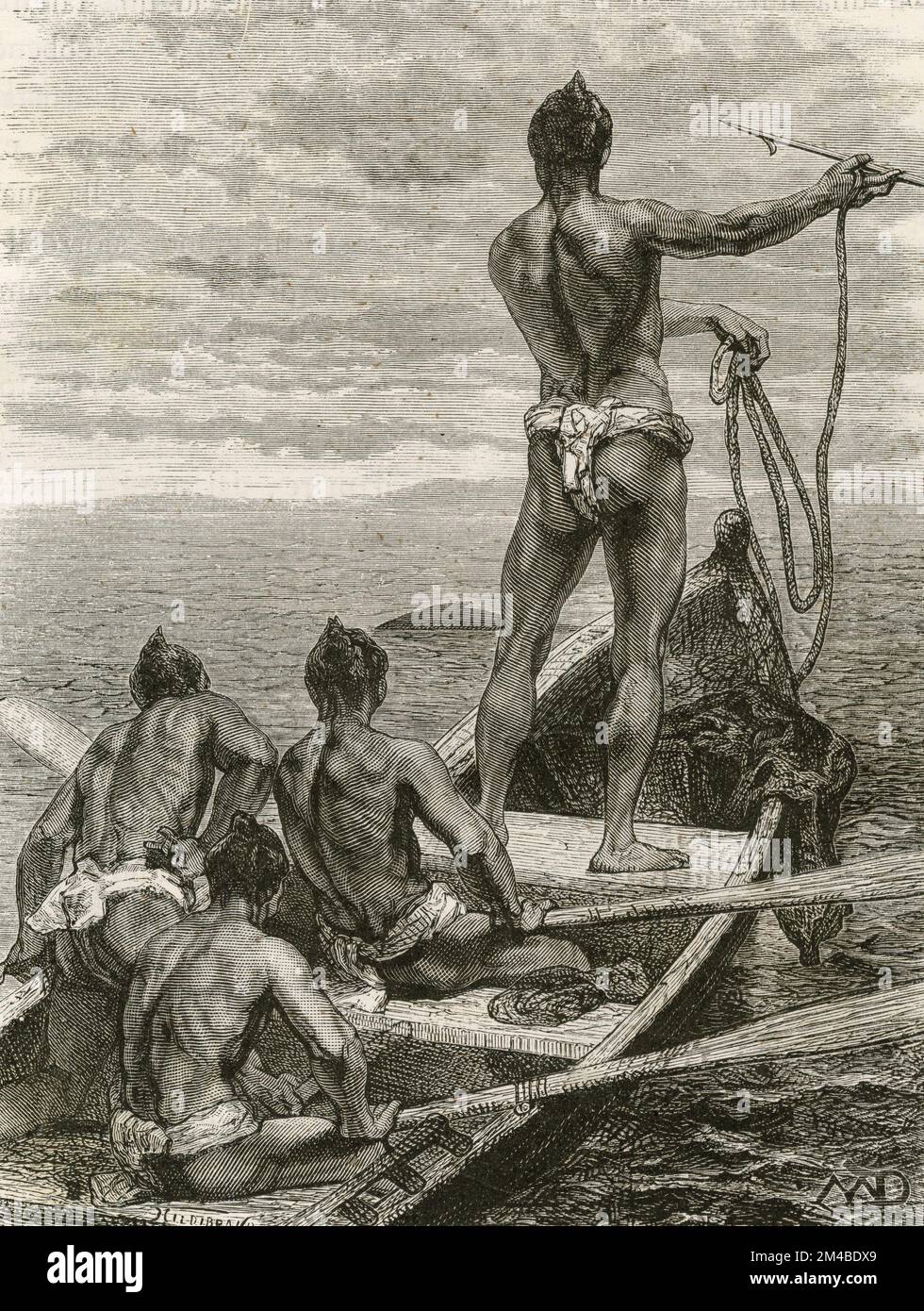 Pêche à la baleine au harpon au Japon, illustration 1871 Banque D'Images