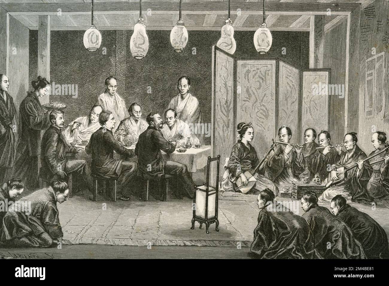 Déjeuner à la maison, Japon, illustration 1871 Banque D'Images