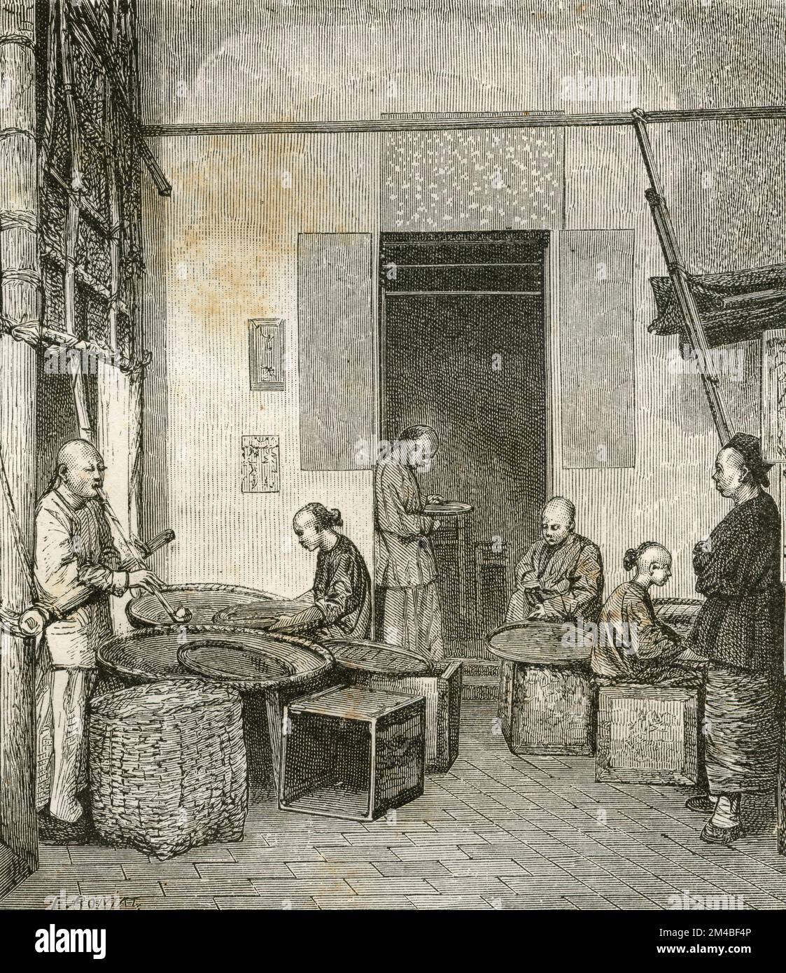 Travailleurs chinois, tamisage du thé, Chine, illustration 1871 Banque D'Images