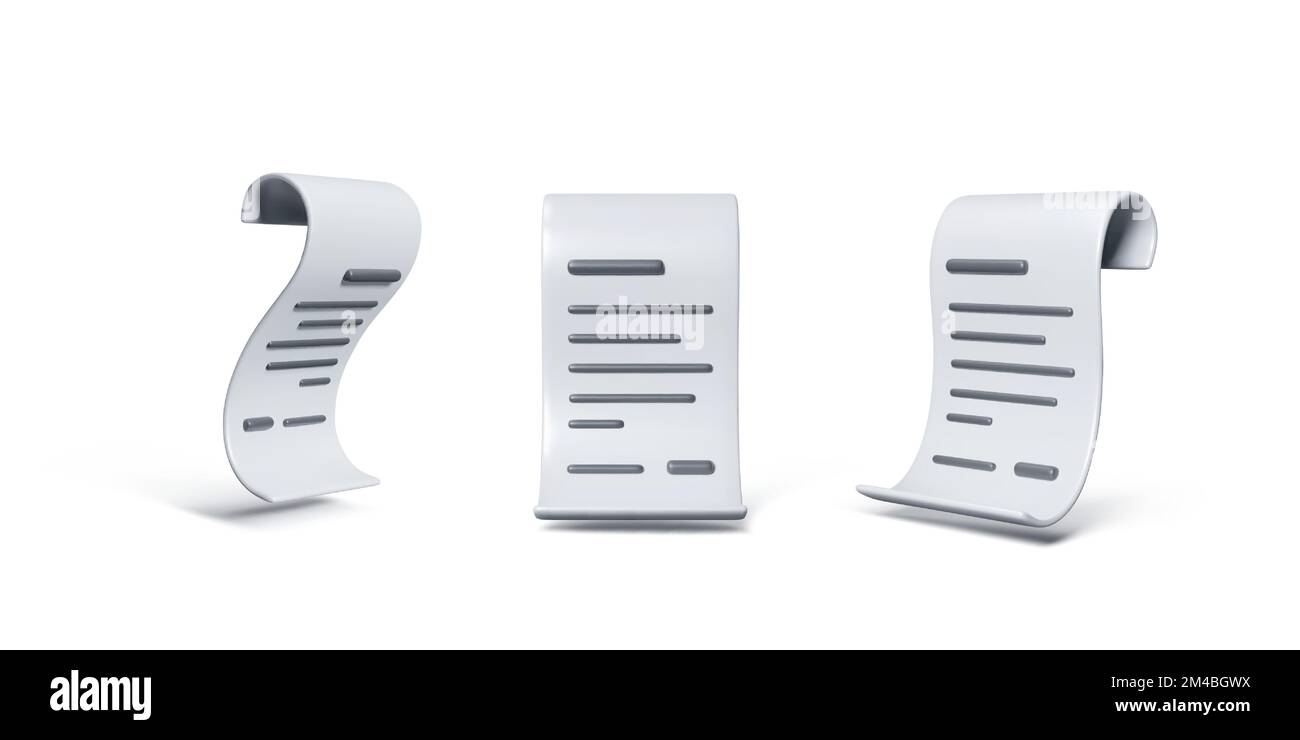 Lot de 3D reçus papier de dessin animé. Facture de paiement de l'icône Business pour les services bancaires et les applications mobiles d'achat en ligne. Illustration vectorielle Illustration de Vecteur