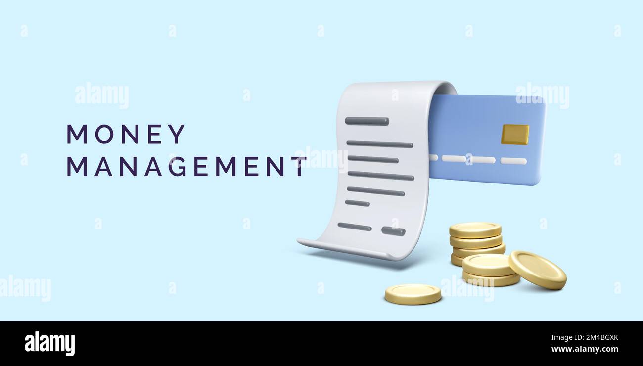 Facture papier 3D avec carte de crédit et pièces d'or. Bannière commerciale pour les services de paiement ou de transaction d'argent. Concept de remboursement des achats en ligne. Vecteur il Illustration de Vecteur
