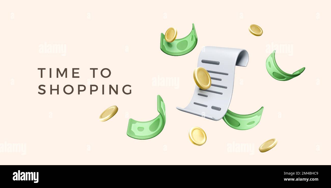 Il est temps d'acheter la bannière. 3D facture avec des pièces d'or en baisse et des dollars de papier vert. Un reçu de dessin animé avec de l'argent. Les éléments de conception d'entreprise pour les paiements se Illustration de Vecteur