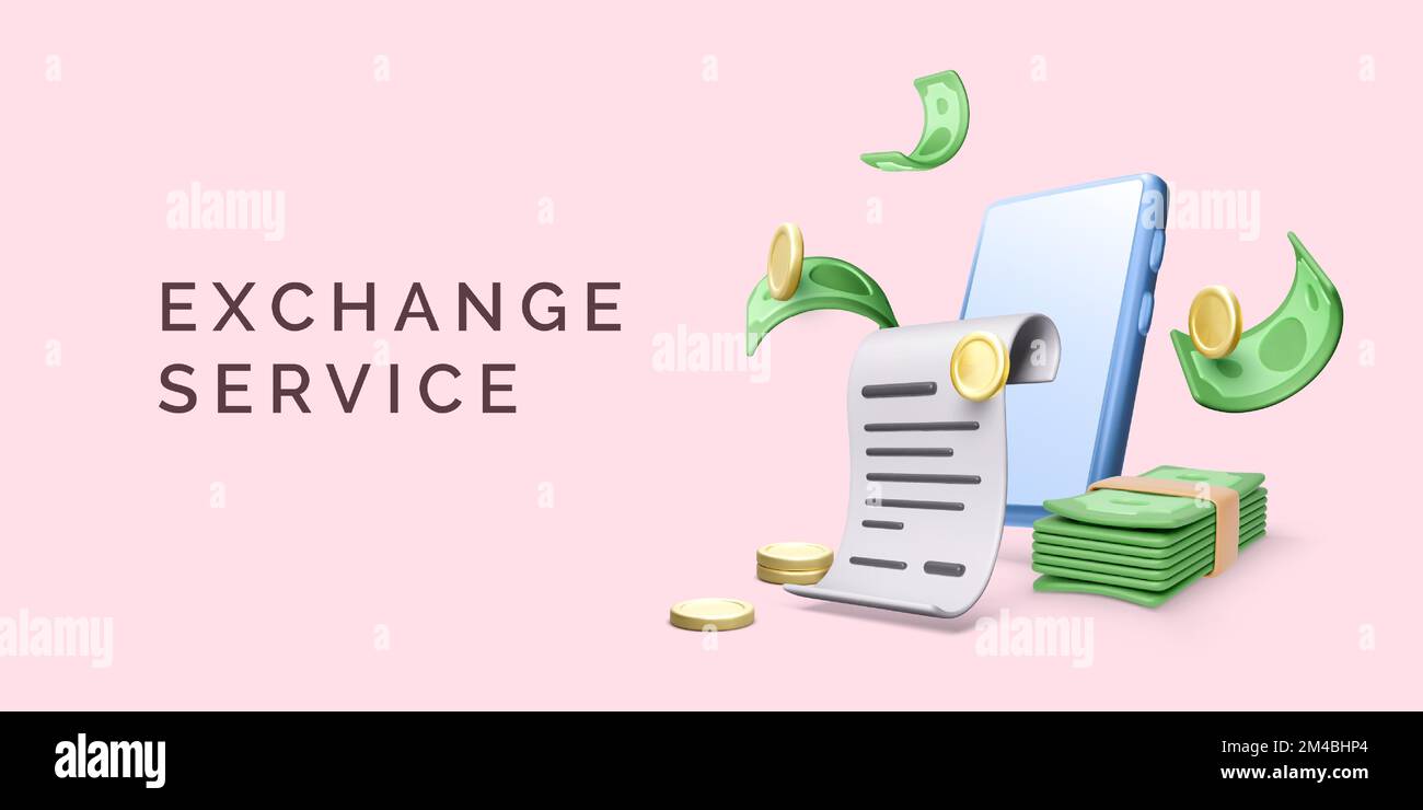Vérification fiscale avec téléphone mobile et rouleau d'argent dans le style de dessin animé 3D. Smartphone avec billets et monnaie papier. Bannière du service d'échange en ligne. En ligne Illustration de Vecteur