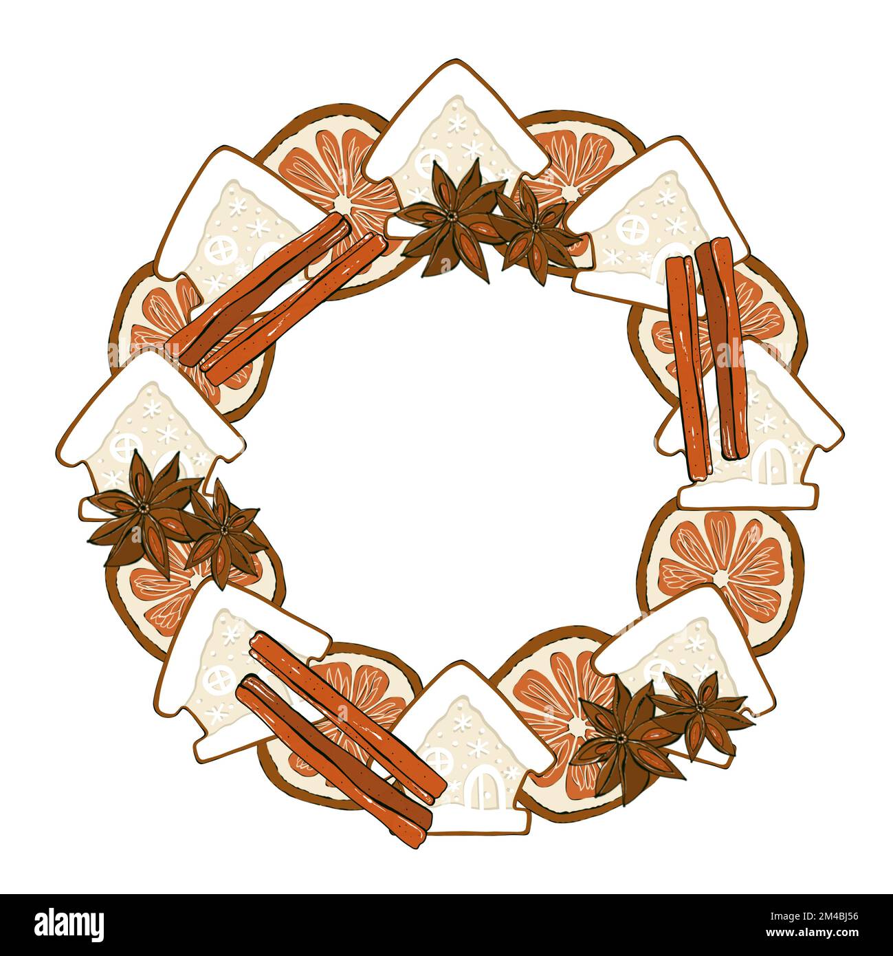 Couronne de Noël avec biscuits, cupcake, bâtons de cannelle, orange, étoile anis. Conception de l'emballage. Banque D'Images