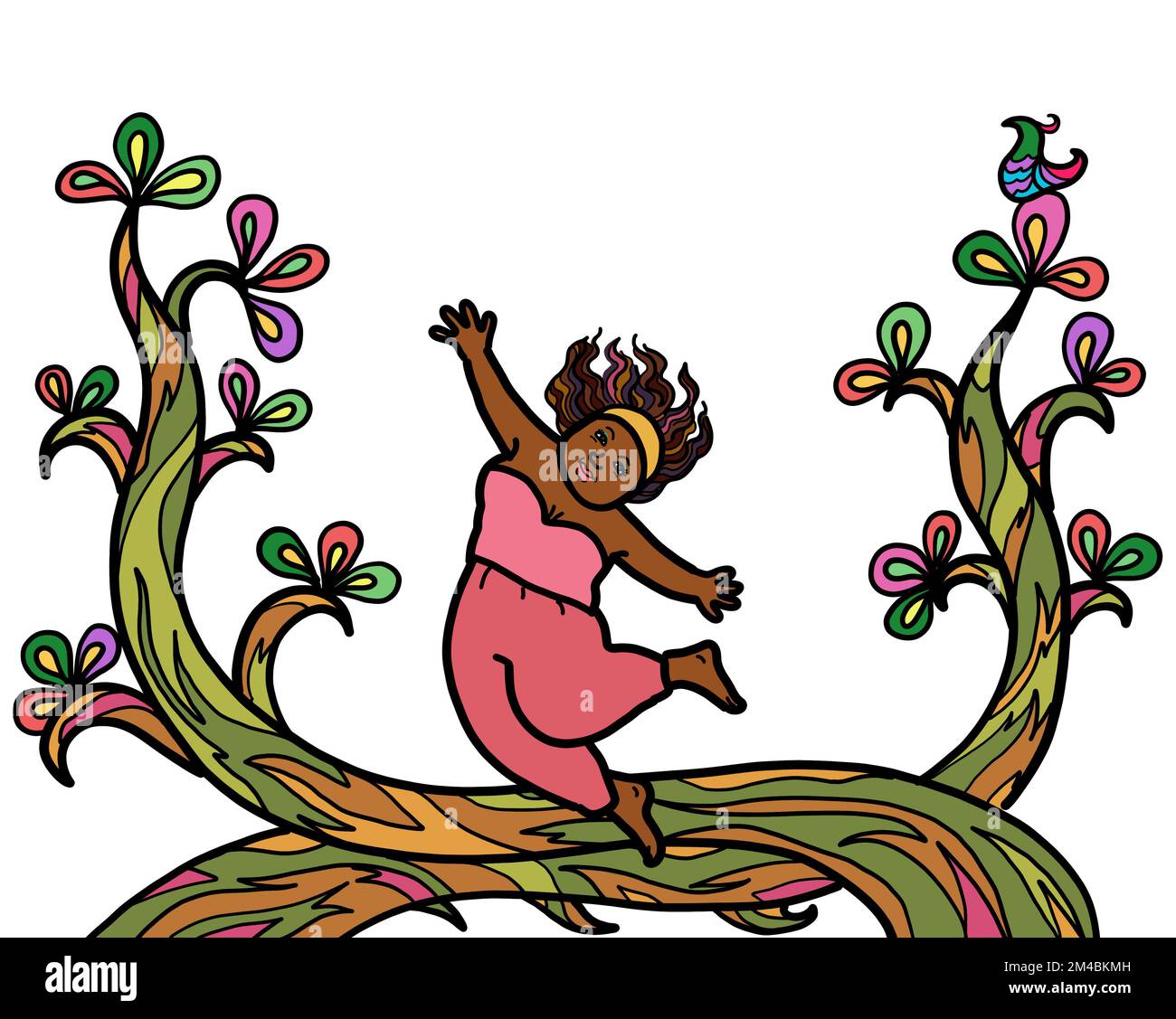 Une jeune femme joyeuse et joyeuse bras élevé avec un arrière-plan de la nature de l'arbre. Bonheur joyeux avec le concept d'environnement. Banque D'Images