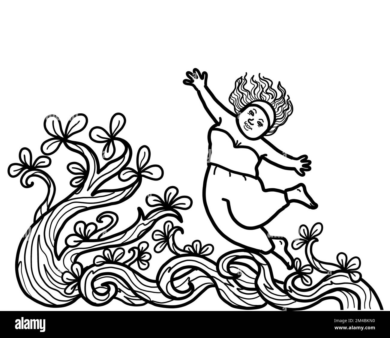 Une jeune femme joyeuse et joyeuse bras élevé avec un arrière-plan de la nature de l'arbre. Bonheur joyeux avec le concept d'environnement. Banque D'Images