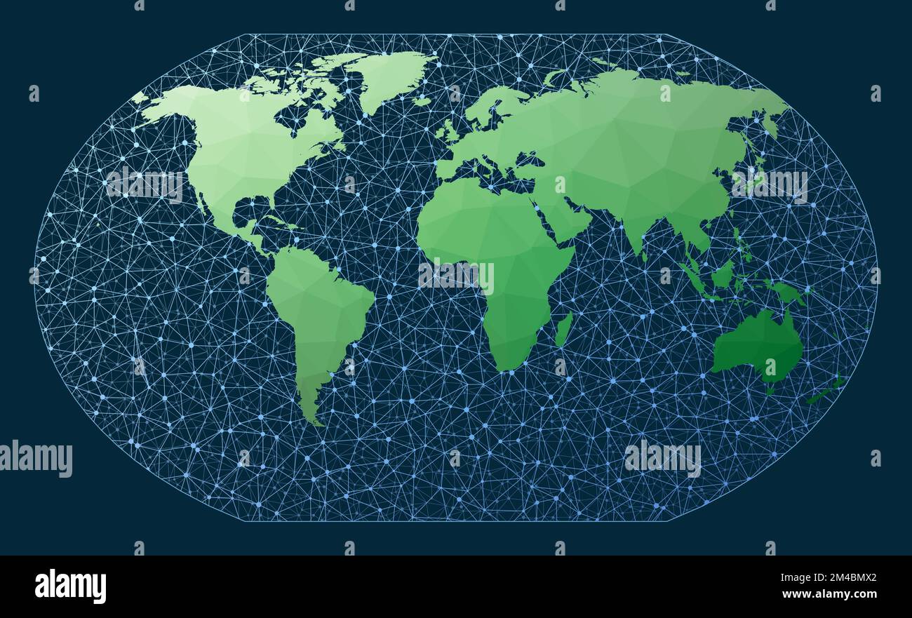 Internet et globe connecté mondial. Projection Kavrayskiy 7. Carte du monde low poly verte avec fond de réseau. Illustration de Vecteur