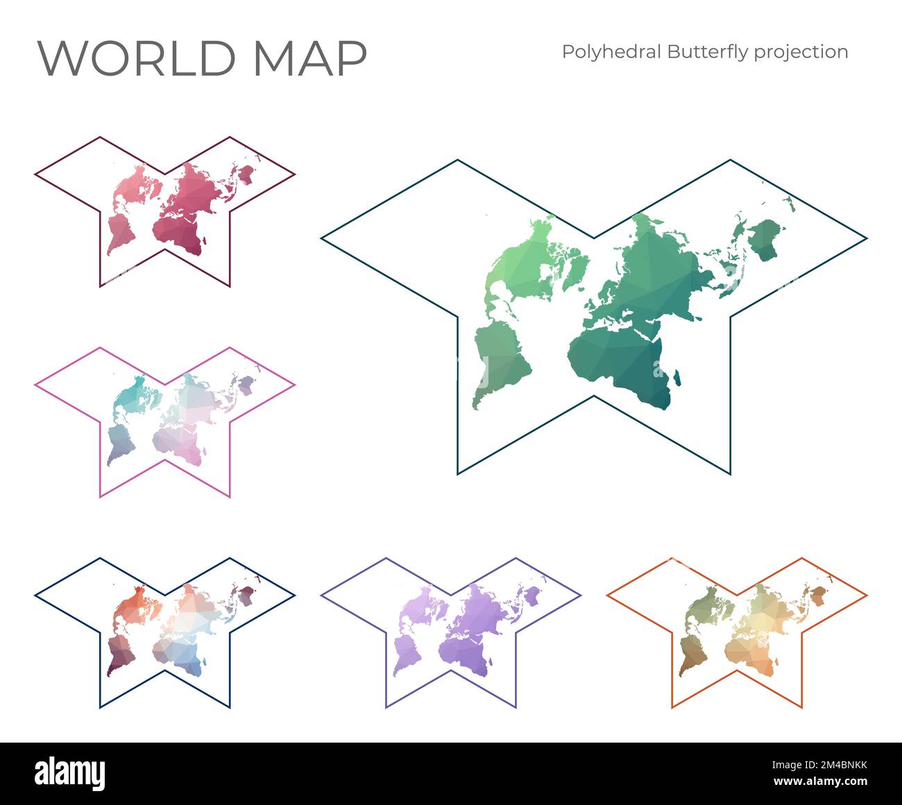 Jeu de cartes à faible Poly World. Projection de papillon Gnomonic. Collection de cartes du monde en style géométrique. Illustration vectorielle. Illustration de Vecteur