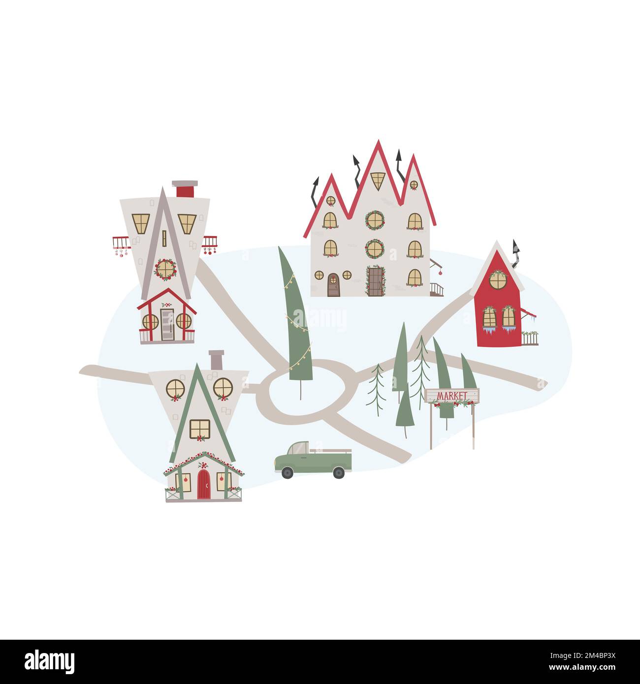 Carte de la ville de Noël avec route, arbres, voiture, décoration, maisons. Illustration vectorielle pour carte, bannière Illustration de Vecteur