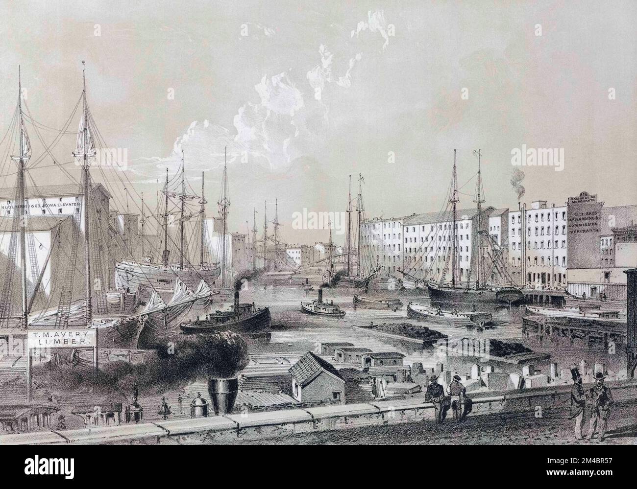 La jonction de la rivière Chicago vers 1866. Après une œuvre de Louis Kurz. Banque D'Images