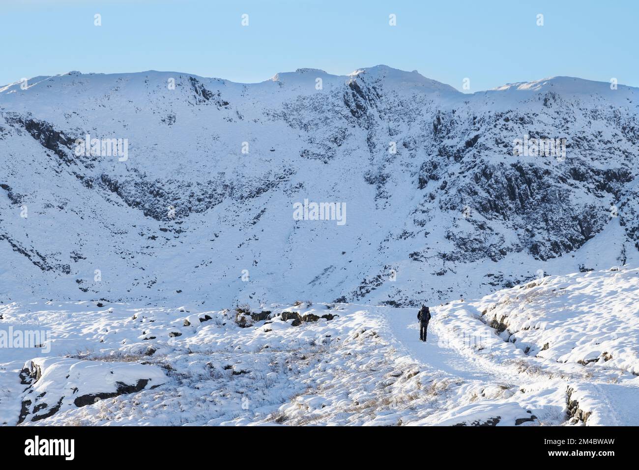 Une seule personne sur le chemin des mineurs jusqu'au sommet du mont Snowdon, par une belle journée d'hiver. Banque D'Images