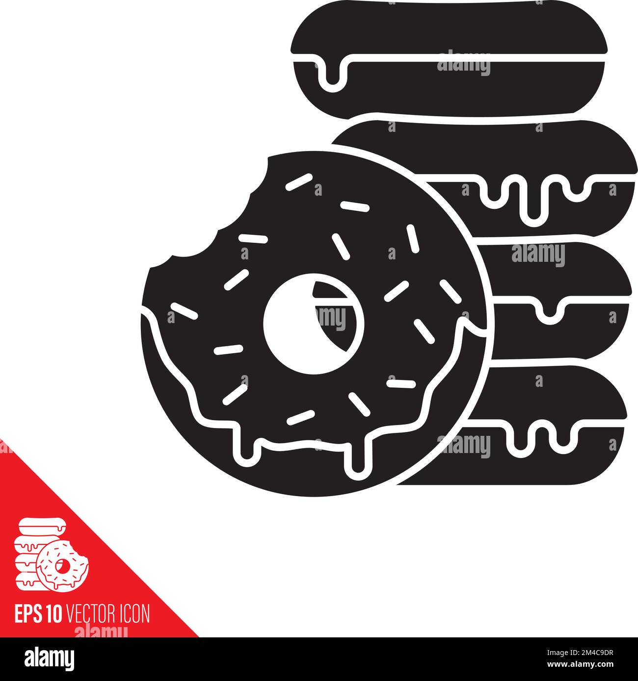Pile de beignets avec glaçage et saupoudrer l'icône de glyphe vectoriel. Symbole de la pâtisserie et des aliments sucrés. Illustration de Vecteur