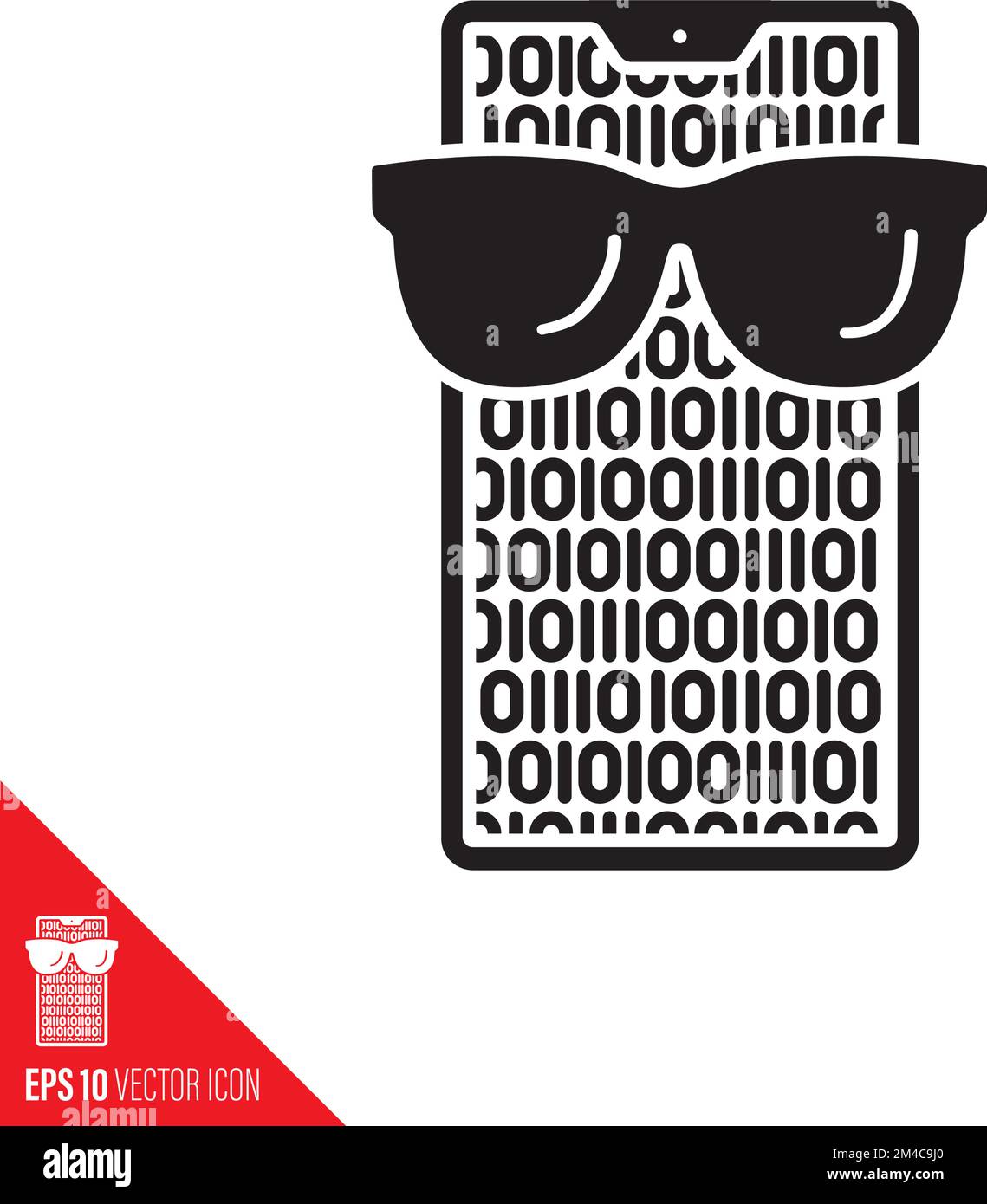 Smartphone avec icône de glyphe vectoriel de lunettes de soleil, code numérique à l'écran. Symbole de chiffrement et de sécurité. Illustration de Vecteur