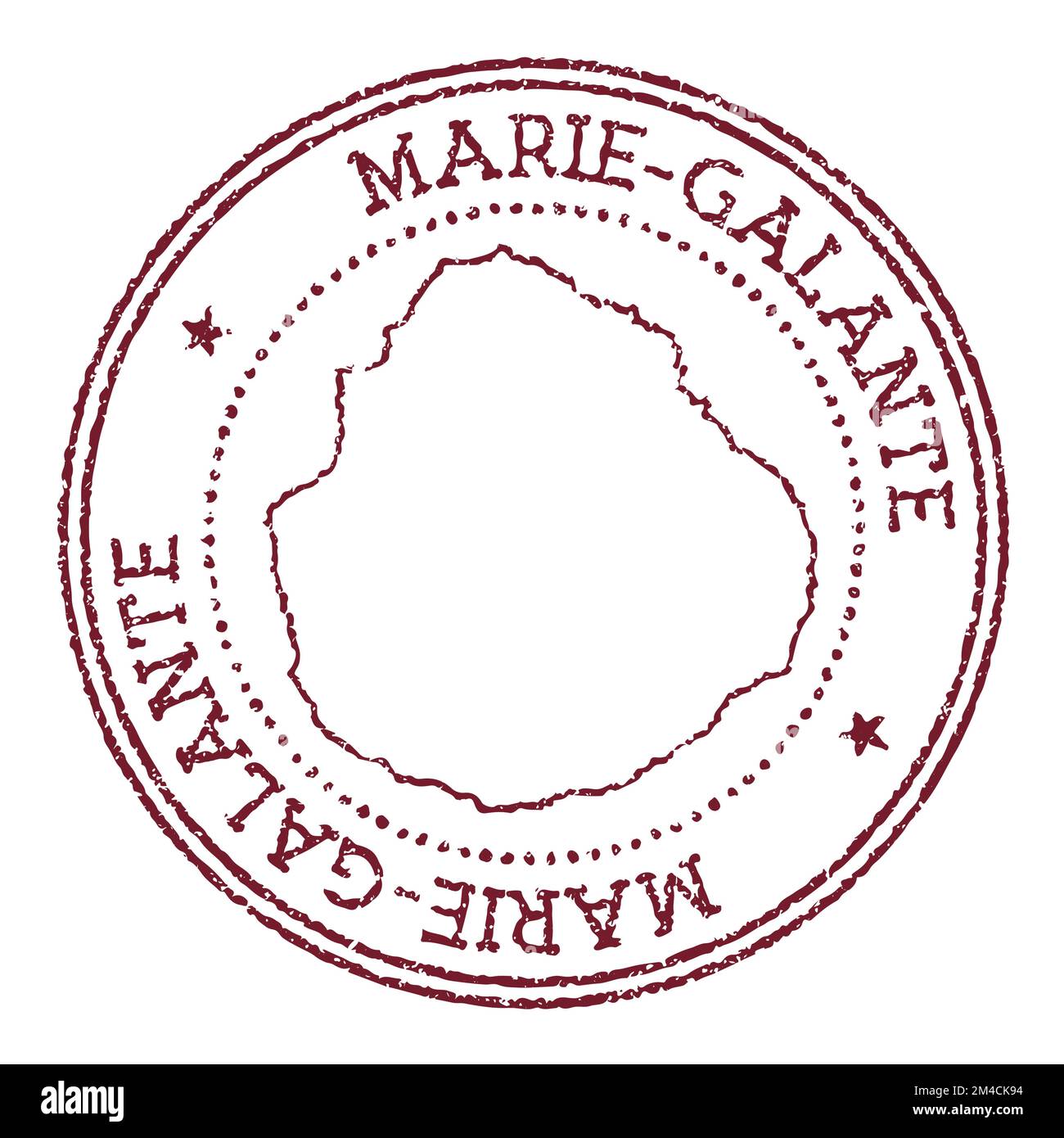 Marie-Galante timbre rond en caoutchouc avec carte de l'île. Timbre passeport rouge vintage avec texte circulaire et étoiles, illustration vectorielle. Illustration de Vecteur