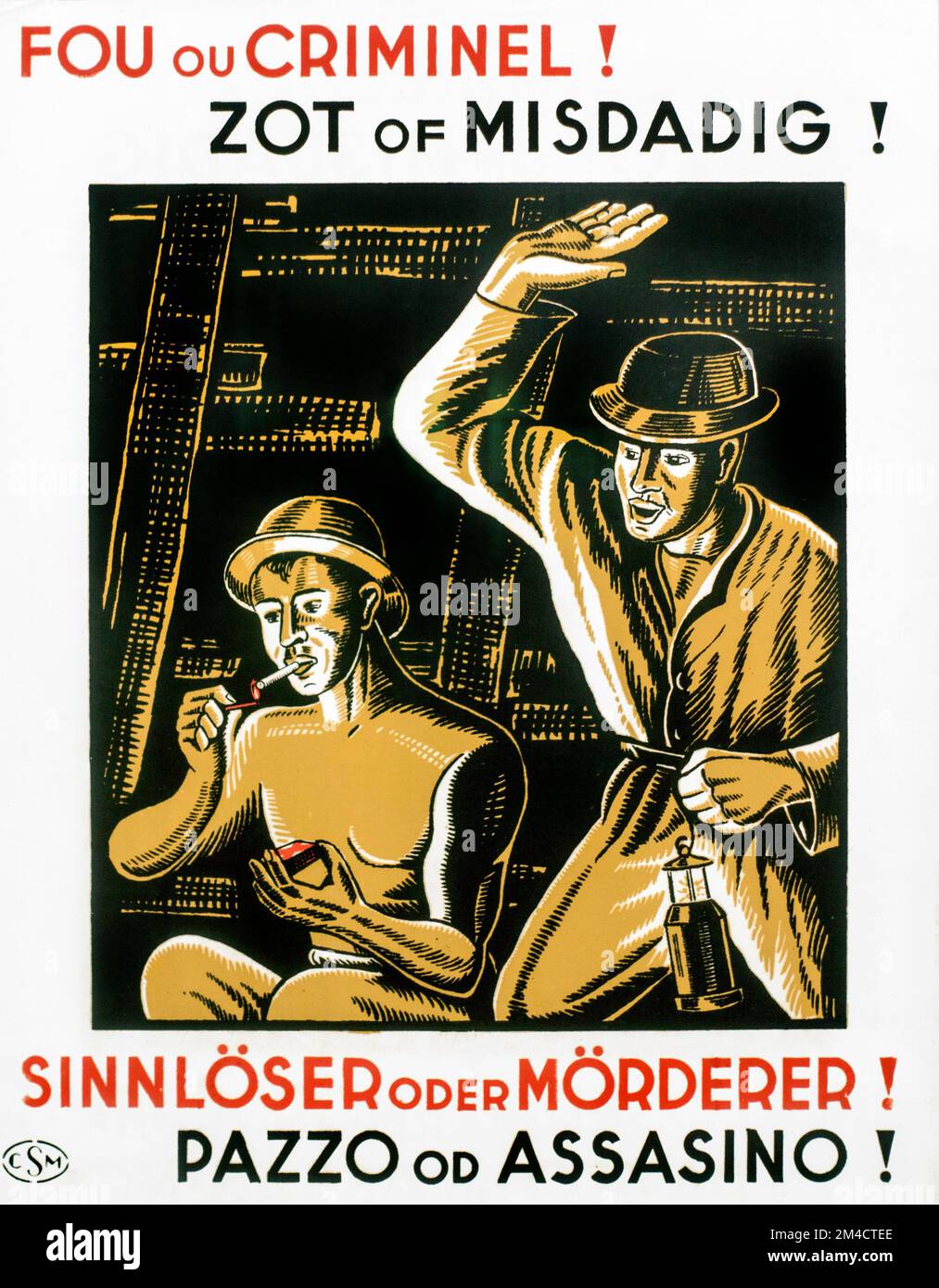 Affiche de sécurité vintage avertissant les mineurs en néerlandais, français, allemand et italien de ne pas allumer une cigarette / fumer des cigarettes à l'intérieur d'une mine de charbon Banque D'Images