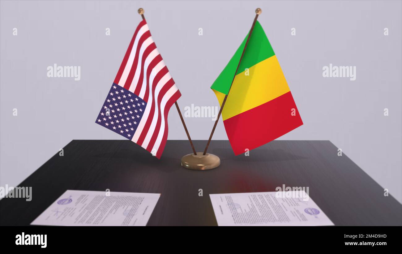 Le Mali et les États-Unis à la table de négociation. Affaires et politique 3D illustration. Drapeaux nationaux, accord diplomatique. Accord international. Banque D'Images