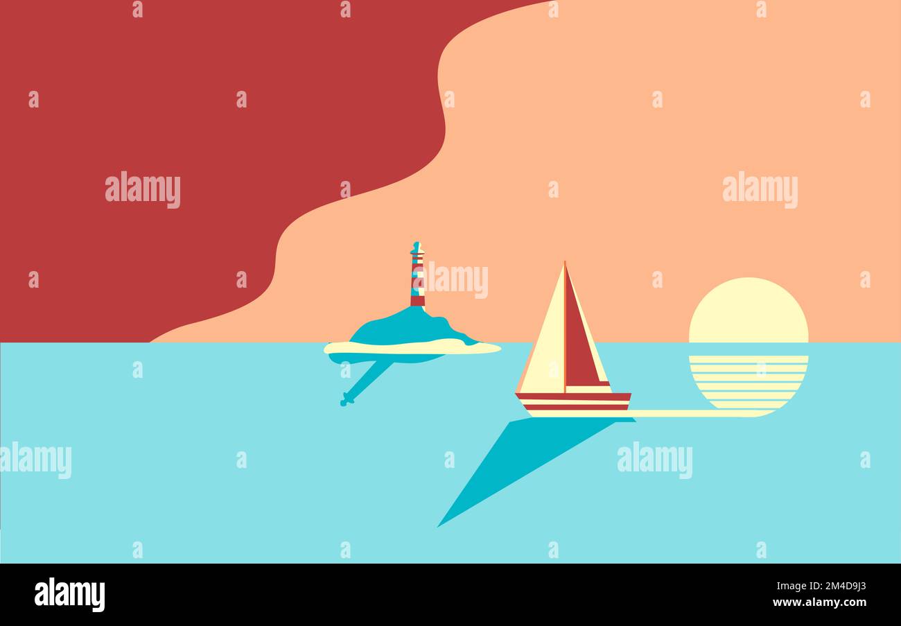 Magnifique coucher de soleil ou paysage marin à l'aube. Un yacht ou un bateau navigue sur fond de soleil levant ou de cadre Illustration de Vecteur