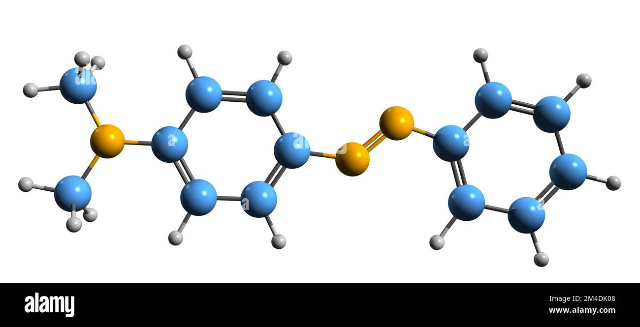 3D image de la formule squelettique 4-diméthylaminoazobenzène - structure chimique moléculaire du jaune méthylique isolé sur fond blanc Banque D'Images