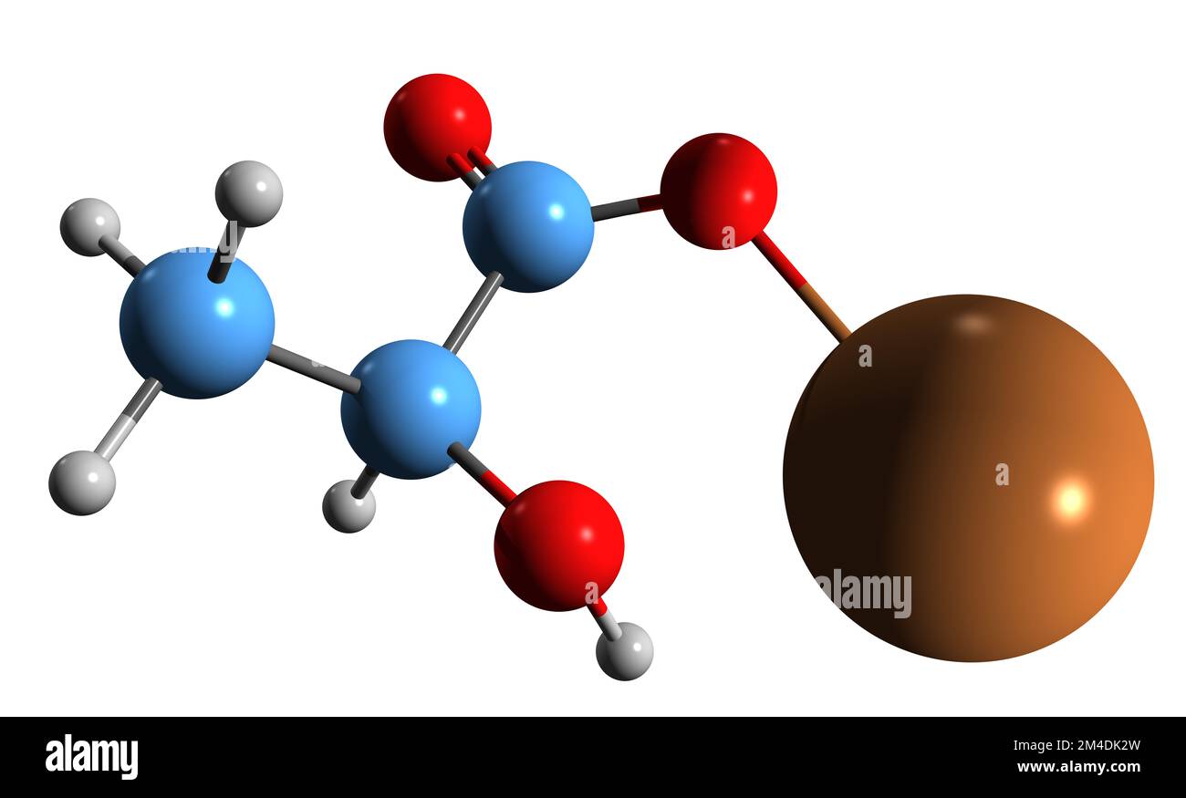 3D image de la formule squelettique du lactate de potassium - structure chimique moléculaire du 2-hydroxypropanoate de potassium isolé sur fond blanc Banque D'Images
