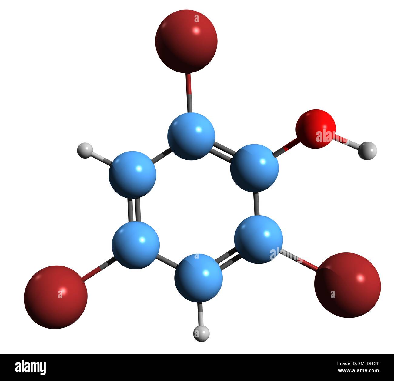 3D image de la formule squelettique du tribromophénol - structure chimique moléculaire du fongicide TBP isolé sur fond blanc Banque D'Images