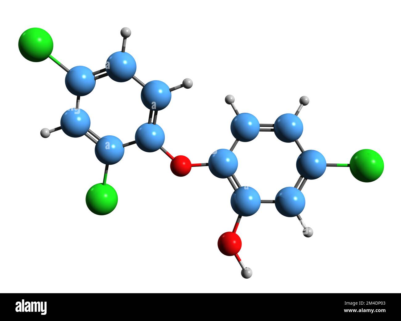 3D image de la formule squelettique du Triclosan - structure chimique moléculaire de l'agent antibactérien et antifongique TCS isolé sur fond blanc Banque D'Images