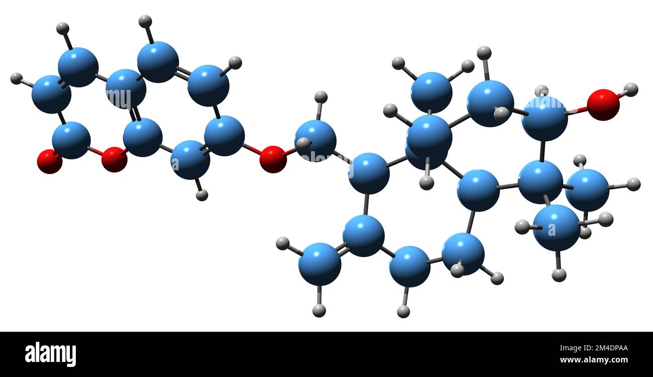 3D image de Farnesiferol Une formule squelettique - structure chimique moléculaire de la coumarine Mogoltadine isolée sur fond blanc Banque D'Images