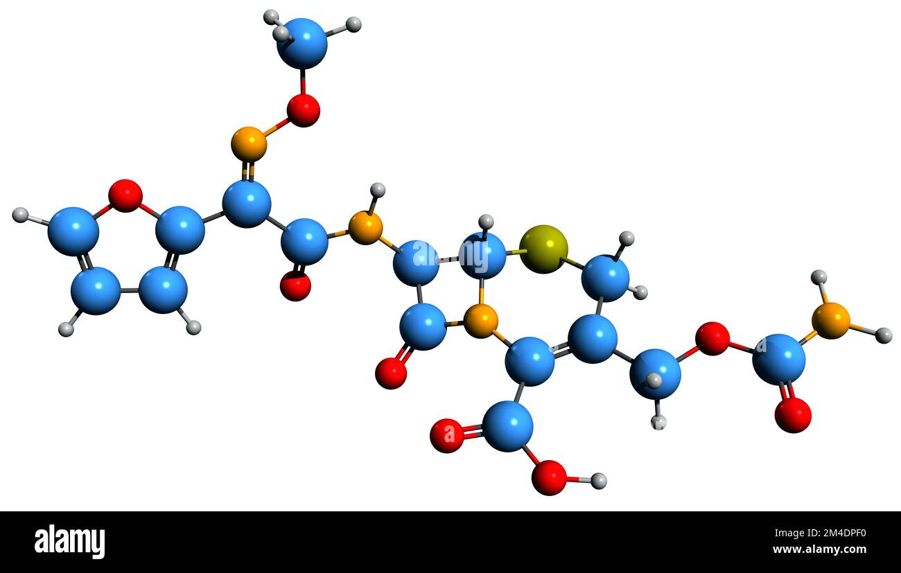 3D image de la formule du squelette de Céfuroxime fosamil - structure chimique moléculaire de l'antibiotique de céphalosporine isolé sur fond blanc Banque D'Images