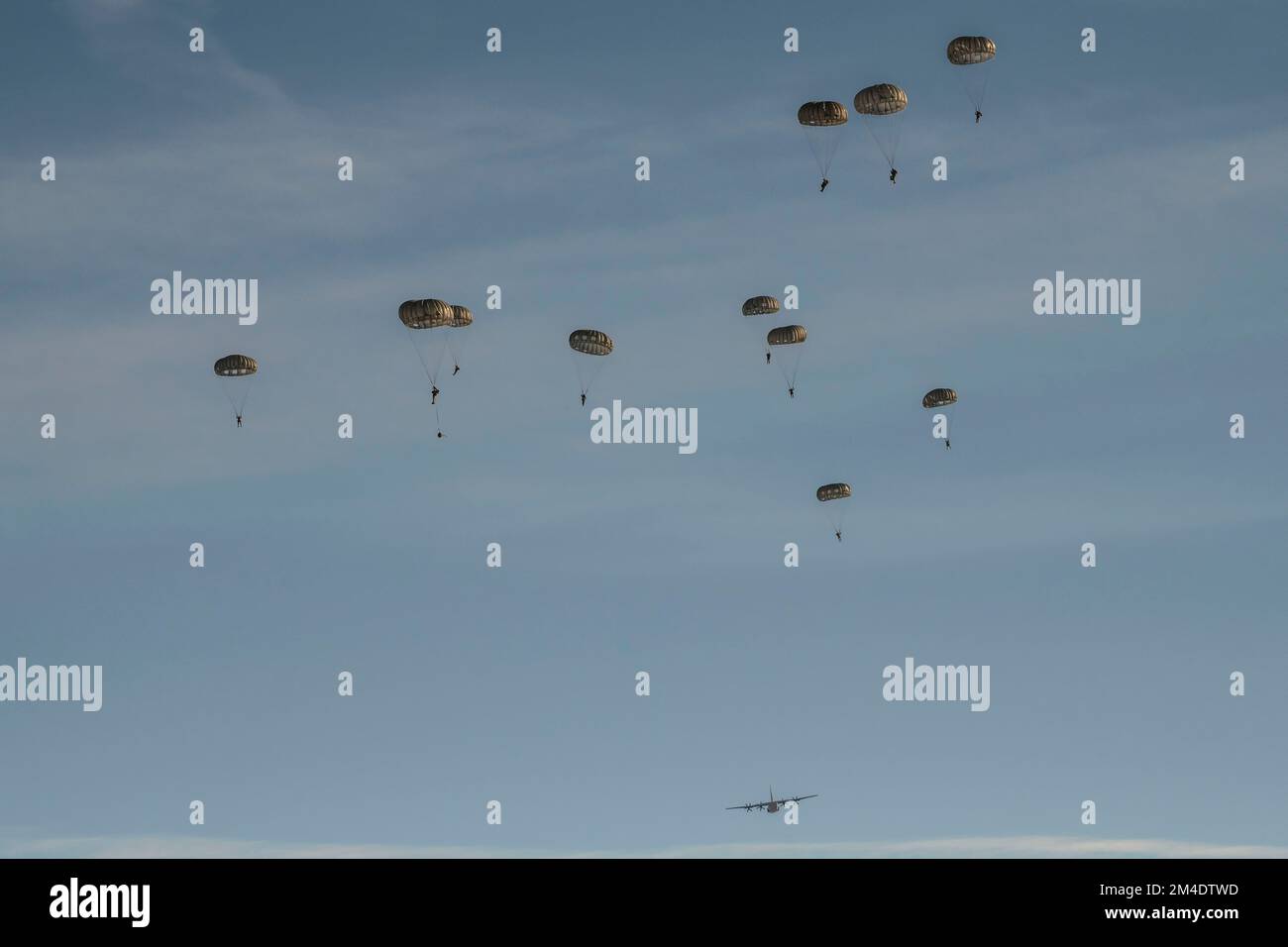Les parachutistes américains et étrangers sautent d'un Hercules C-130 de Ramstein à la zone de chute d'Alzey le 16 décembre 2022. Cette opération permet aux membres du service de se familiariser avec l'équipement de l'autre. (É.-U. Photo de l'armée par Volker Ramspott) Banque D'Images