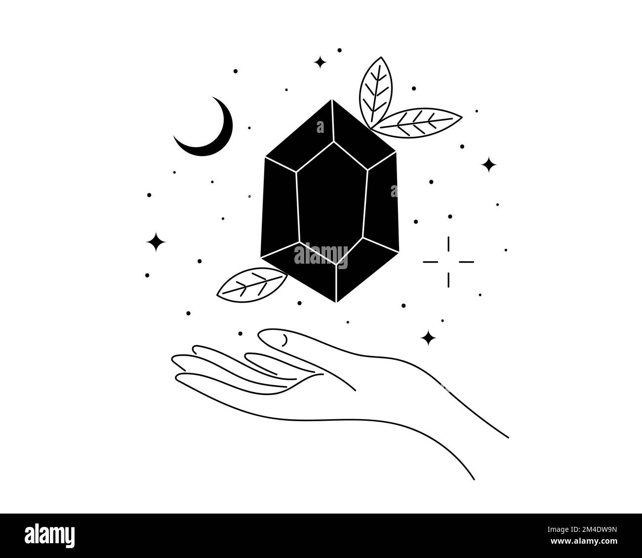 Cristal céleste mystique avec lune et étoiles levent sur la main de la femme. Pierre précieuse de spiritualité sorcière. Symbole linéaire magique ou minéral de guérison. Tatouage ésotérique ou esquisse de contour de logo. Illustration vectorielle Illustration de Vecteur