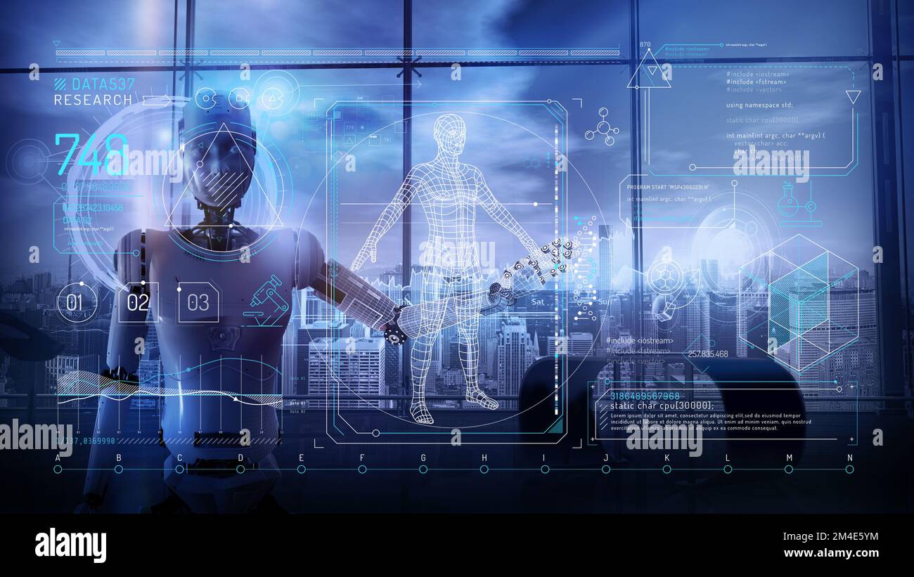 Infographies virtuelles avec modèle humain 3D et intelligence artificielle. Banque D'Images