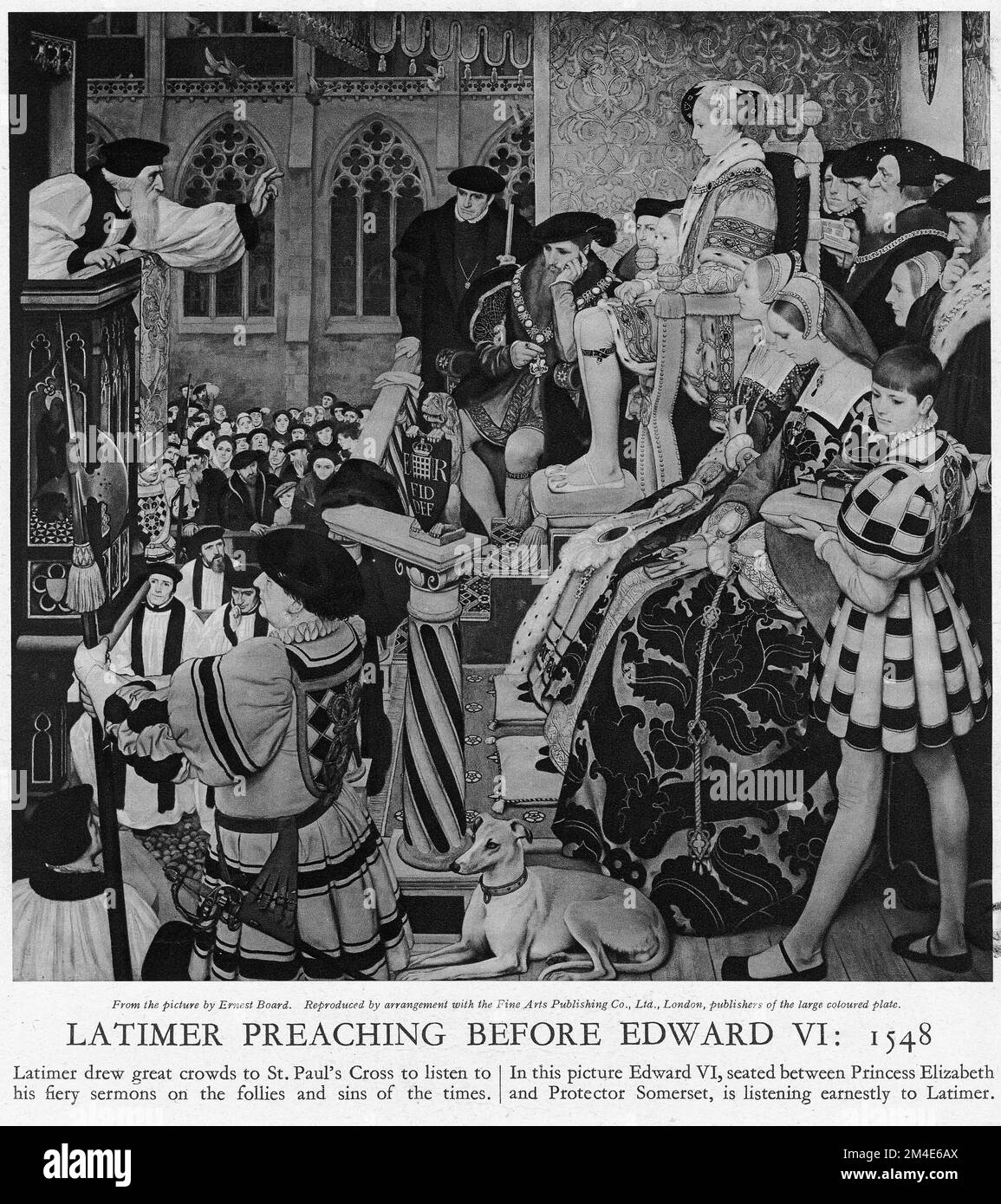 Demi-ton de Latimer prêchant avant Edward VI en 1548, d'une publication éducative en 1927. Banque D'Images